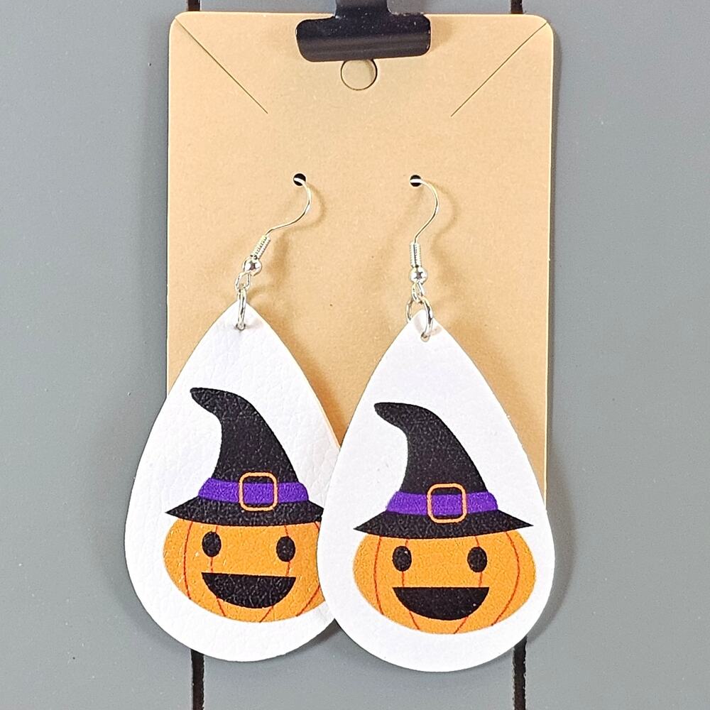 Halloween Pumpkin Witch Hat Teardrop Earrings Faux Leather White Dangle